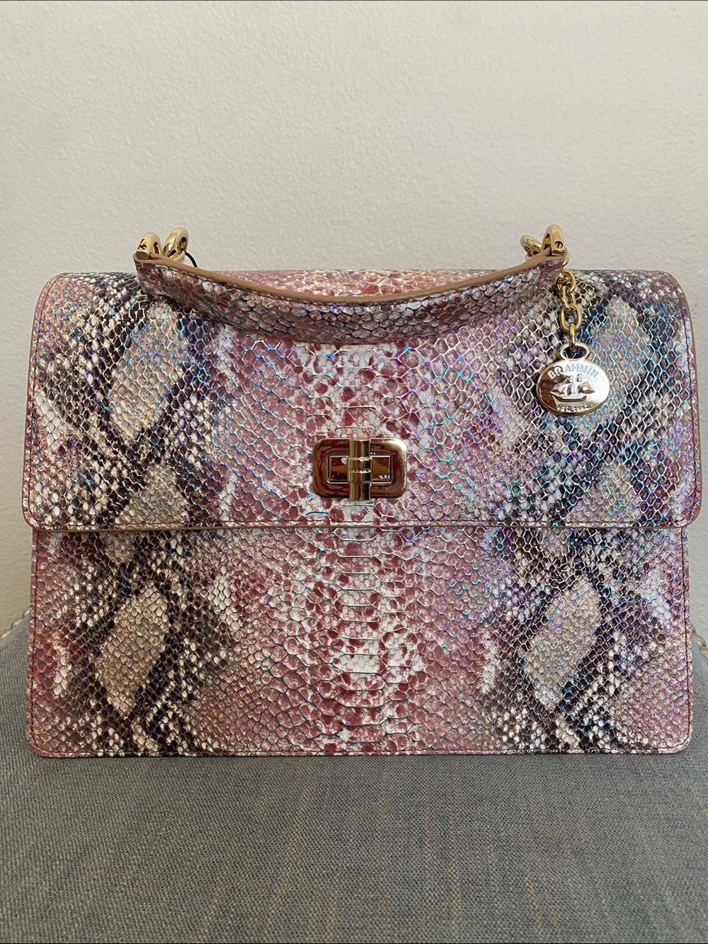 Brahmin Pink Metallic Snake-Print Top Handle Satchel, Multi Skyterra NWT